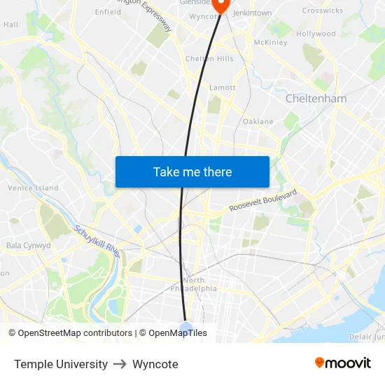Temple University to Wyncote map