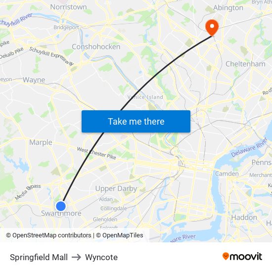 Springfield Mall to Wyncote map