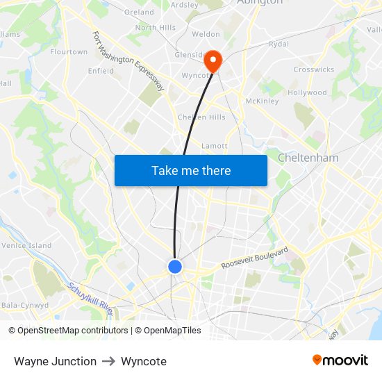 Wayne Junction to Wyncote map