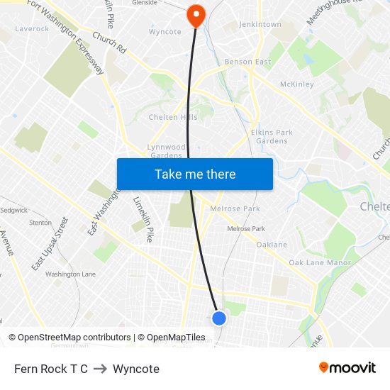 Fern Rock T C to Wyncote map