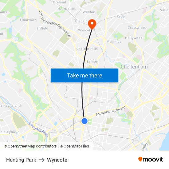 Hunting Park to Wyncote map