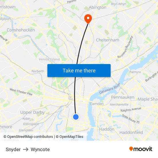 Snyder to Wyncote map