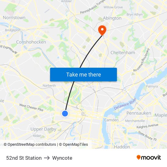 52nd St Station to Wyncote map