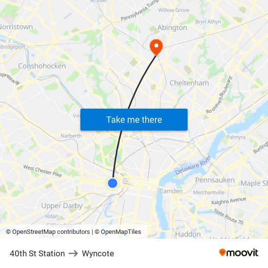 40th St Station to Wyncote map