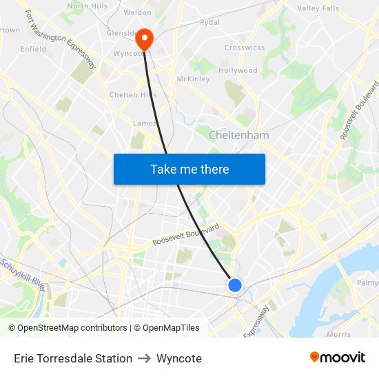 Erie Torresdale Station to Wyncote map
