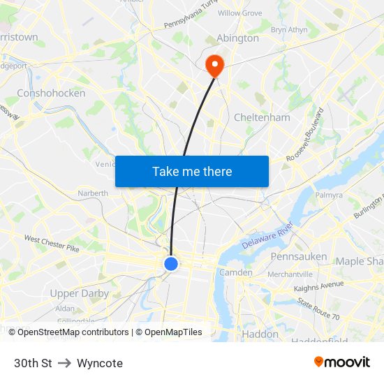 30th St to Wyncote map