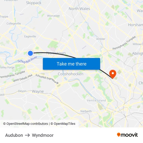 Audubon to Wyndmoor map