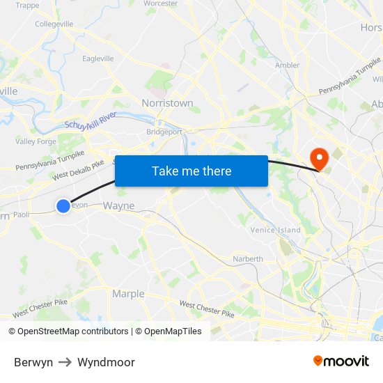 Berwyn to Wyndmoor map