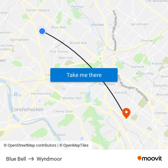Blue Bell to Wyndmoor map