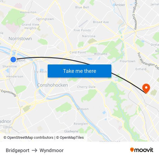 Bridgeport to Wyndmoor map