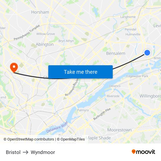 Bristol to Wyndmoor map