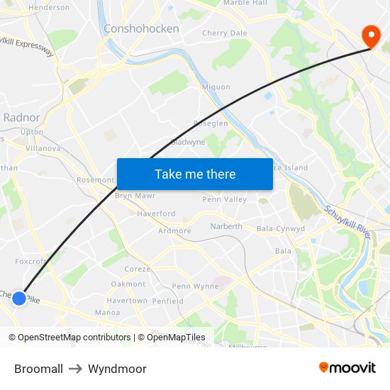 Broomall to Wyndmoor map