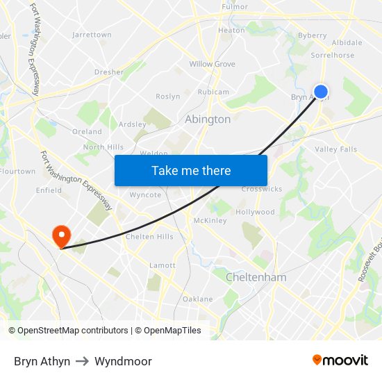 Bryn Athyn to Wyndmoor map