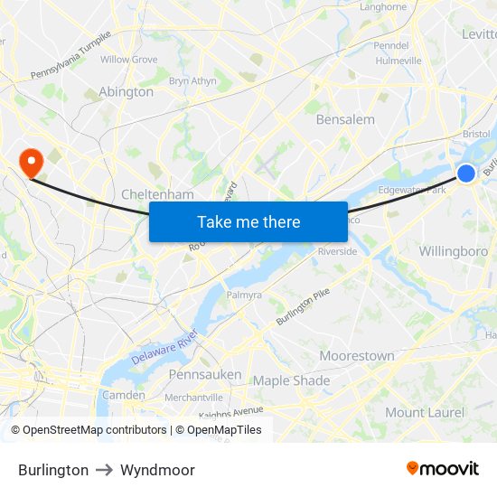 Burlington to Wyndmoor map