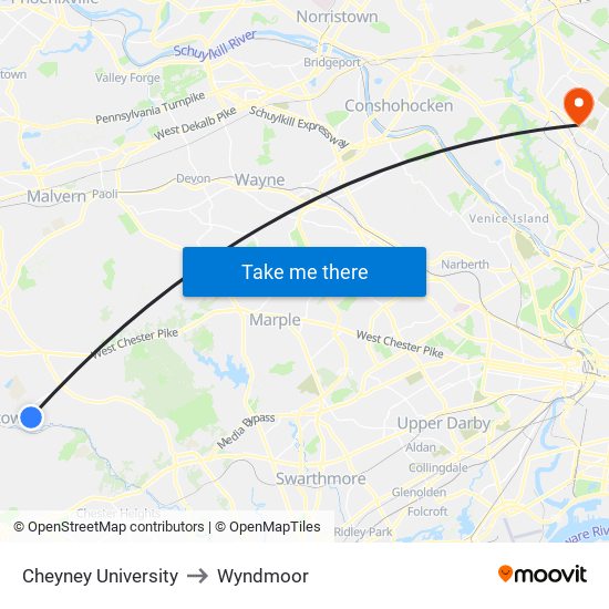 Cheyney University to Wyndmoor map