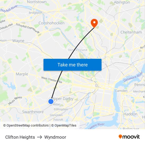Clifton Heights to Wyndmoor map
