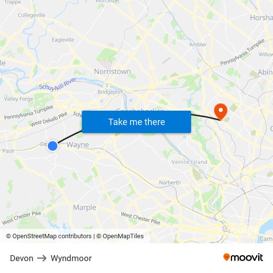 Devon to Wyndmoor map