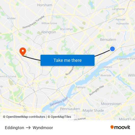 Eddington to Wyndmoor map