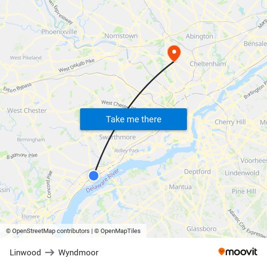 Linwood to Wyndmoor map