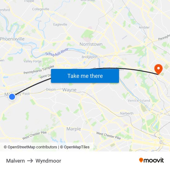 Malvern to Wyndmoor map