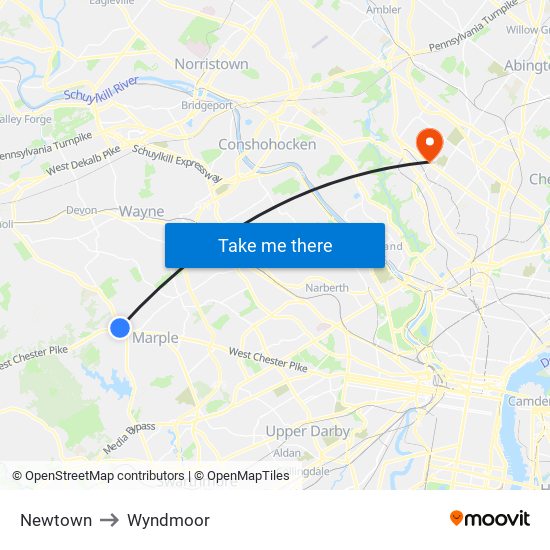 Newtown to Wyndmoor map