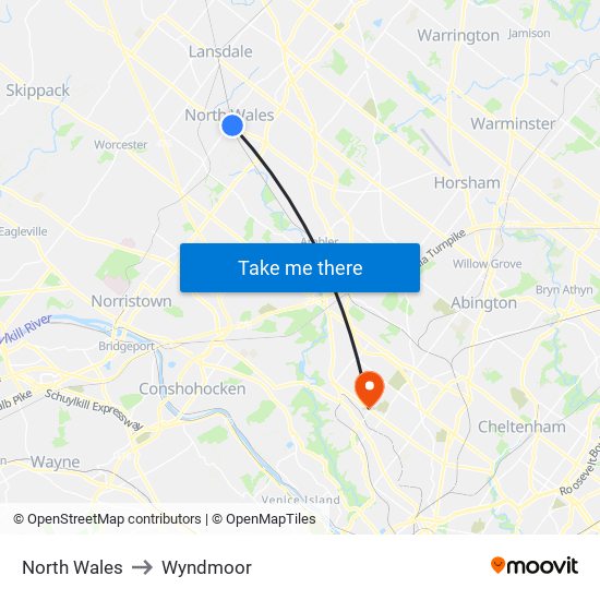 North Wales to Wyndmoor map