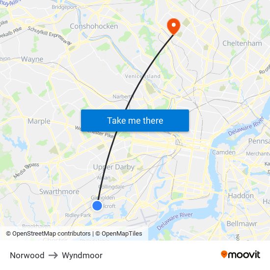 Norwood to Wyndmoor map