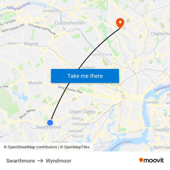 Swarthmore to Wyndmoor map