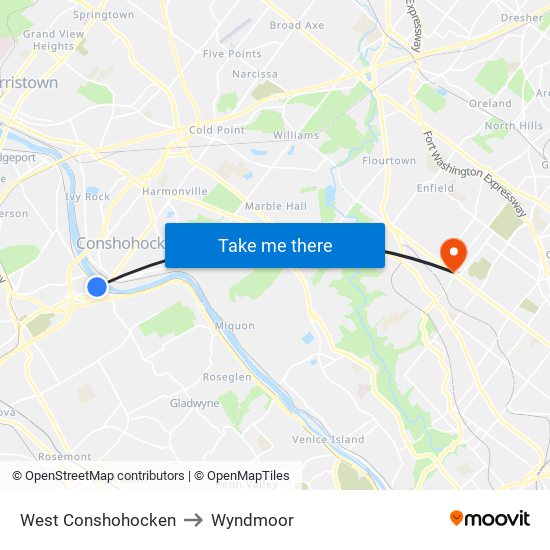 West Conshohocken to Wyndmoor map