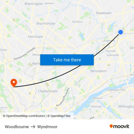 Woodbourne to Wyndmoor map