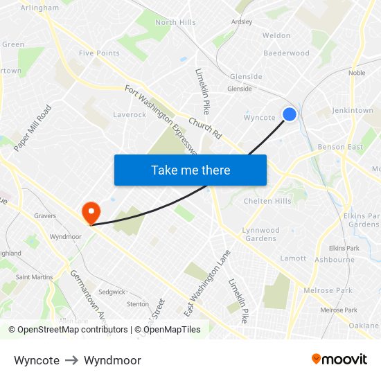 Wyncote to Wyndmoor map