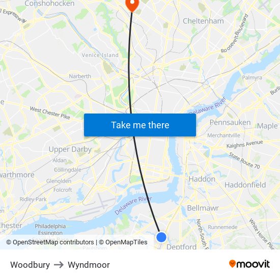 Woodbury to Wyndmoor map