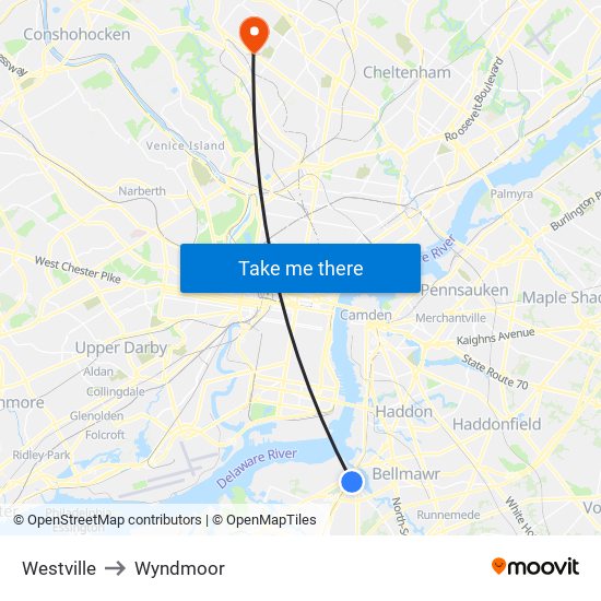 Westville to Wyndmoor map