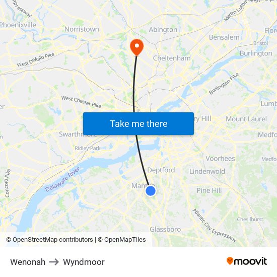 Wenonah to Wyndmoor map