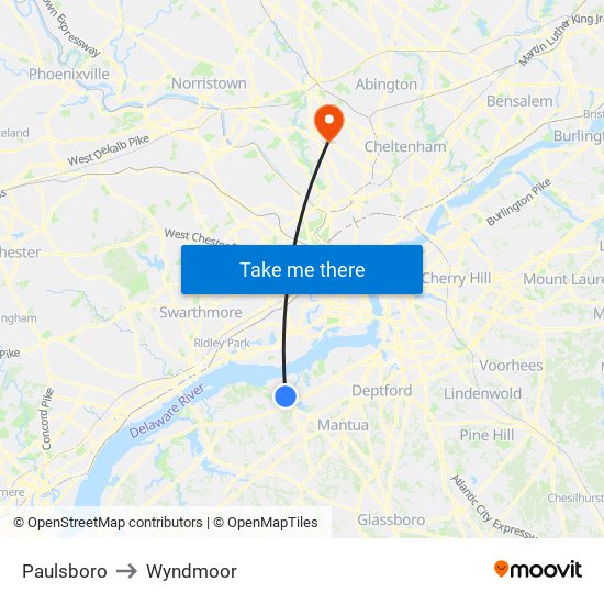 Paulsboro to Wyndmoor map