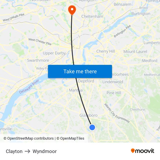 Clayton to Wyndmoor map