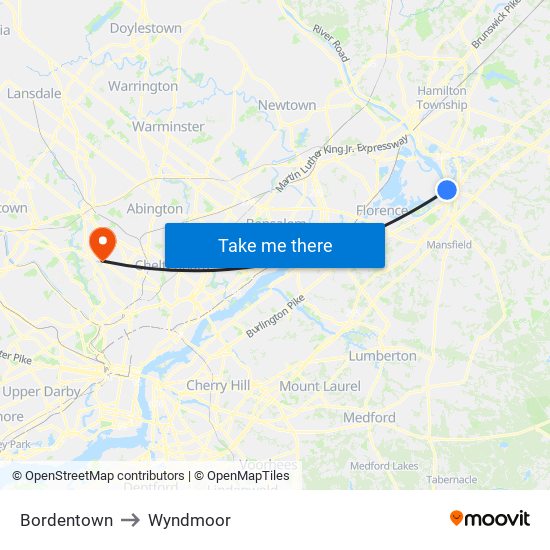 Bordentown to Wyndmoor map