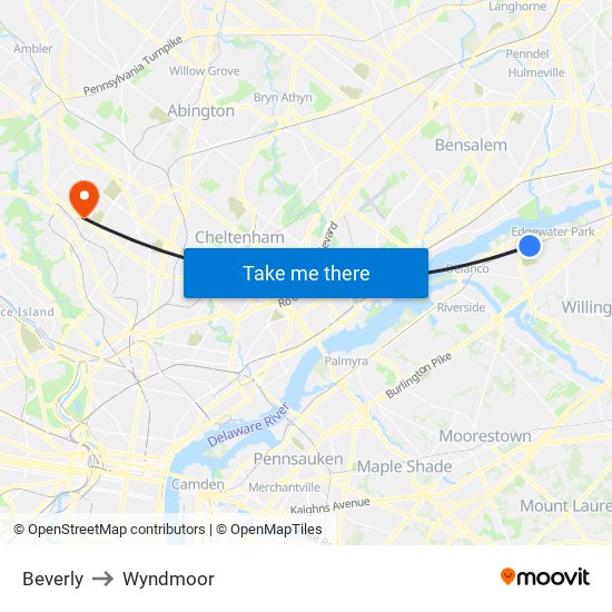 Beverly to Wyndmoor map