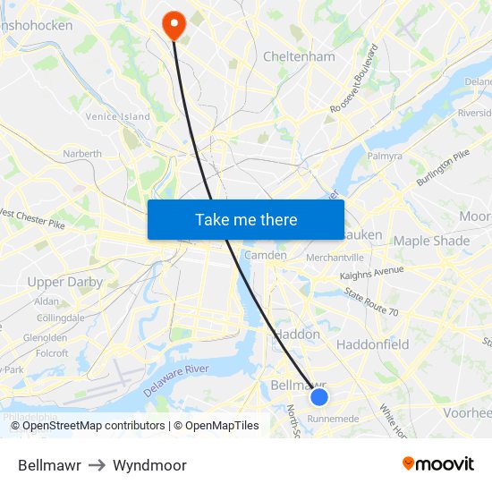 Bellmawr to Wyndmoor map
