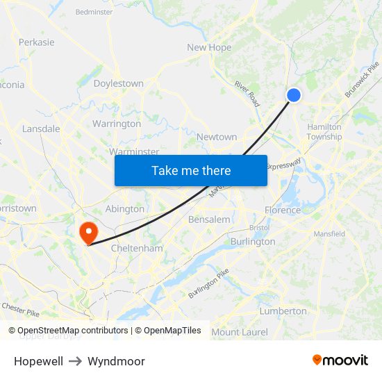 Hopewell to Wyndmoor map