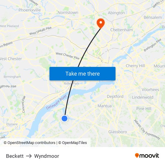Beckett to Wyndmoor map