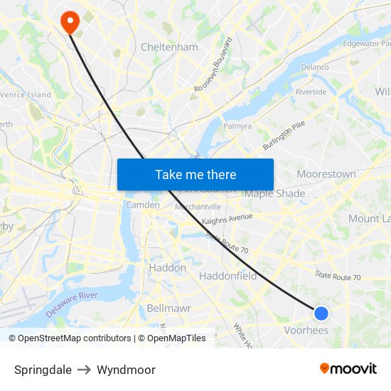 Springdale to Wyndmoor map