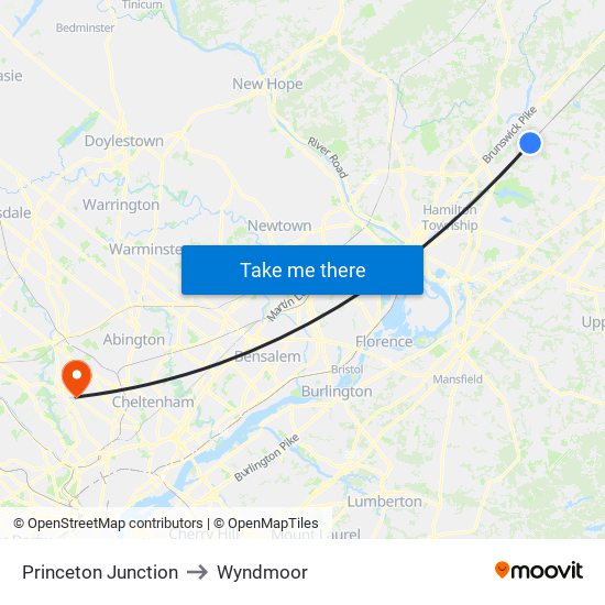 Princeton Junction to Wyndmoor map