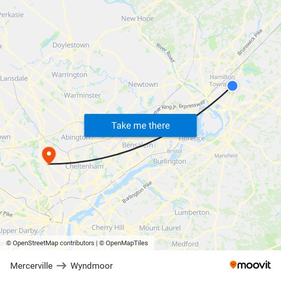 Mercerville to Wyndmoor map