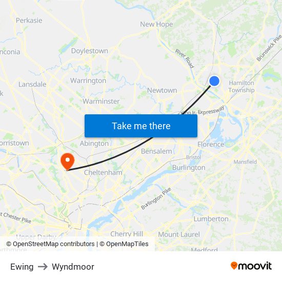 Ewing to Wyndmoor map