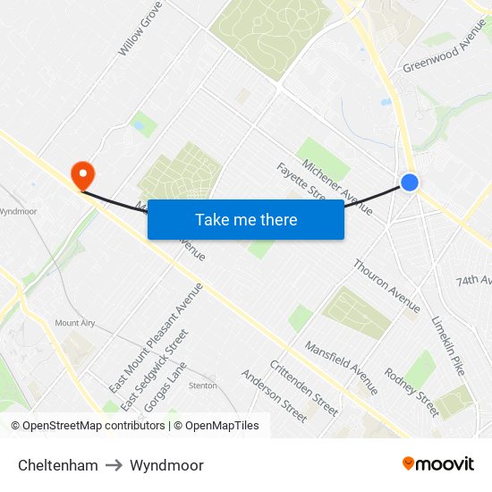 Cheltenham to Wyndmoor map