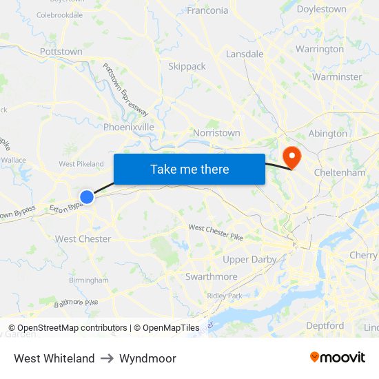 West Whiteland to Wyndmoor map
