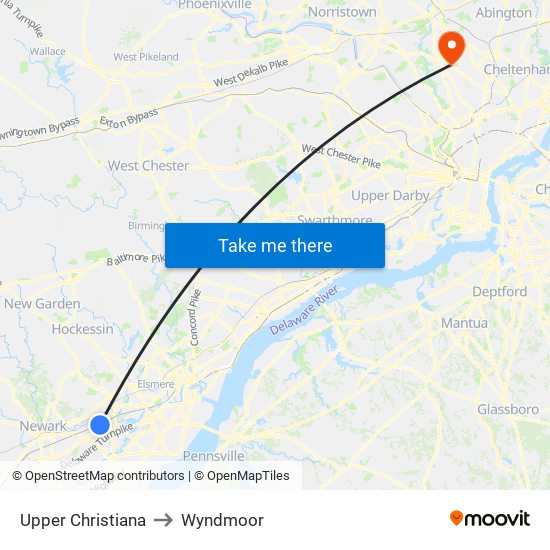 Upper Christiana to Wyndmoor map
