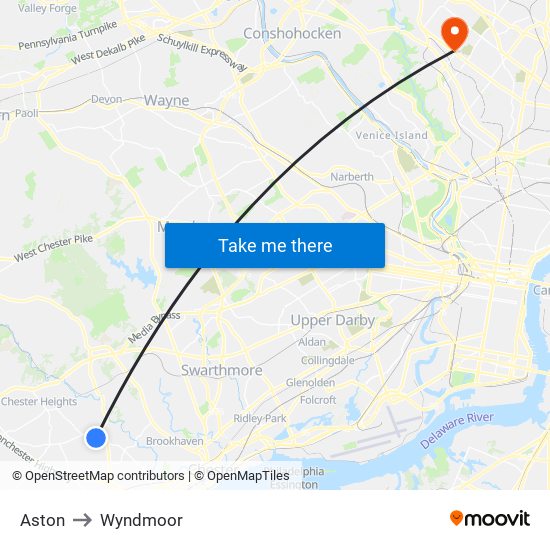 Aston to Wyndmoor map