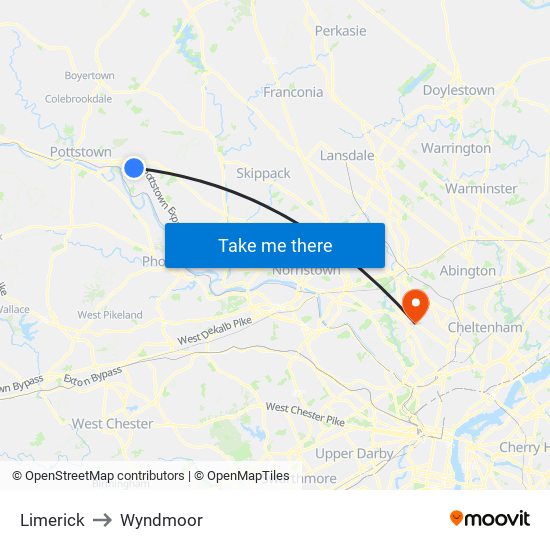 Limerick to Wyndmoor map